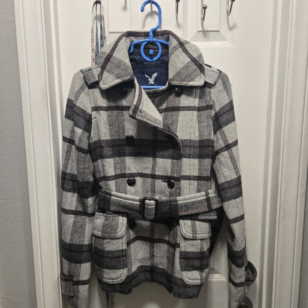 American Eagle Outfitters gray plaid wool-blend pea coat Size S
